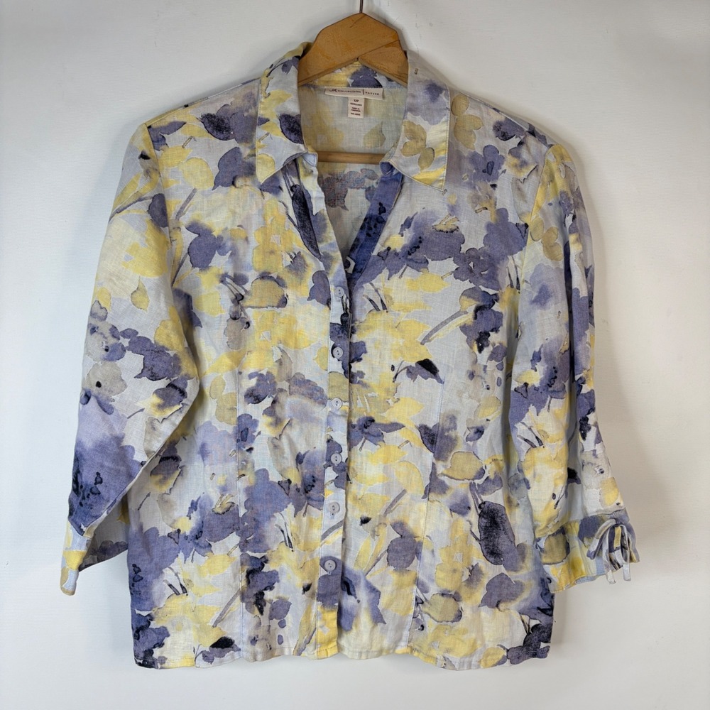JM Collection Button Down Shirt Womens 12P Blue Yellow Floral 100% Linen Top